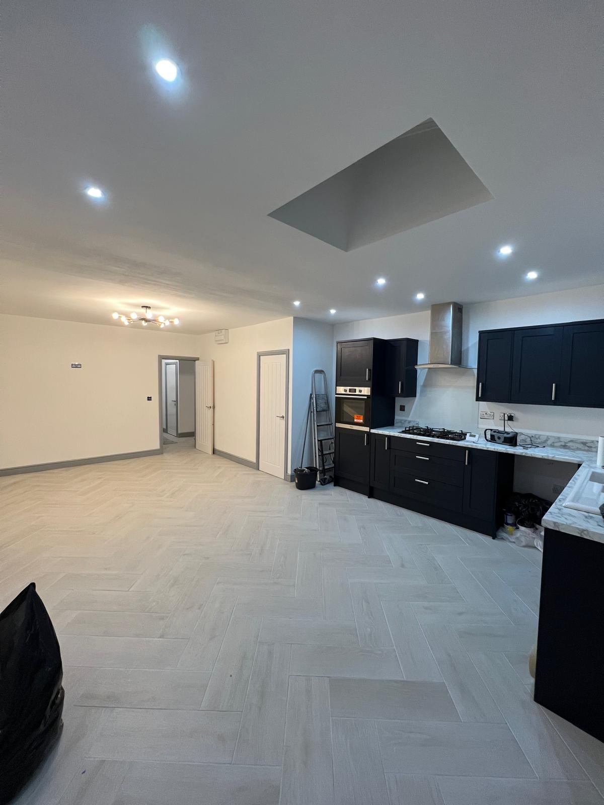 Completed open-plan living and kitchen space